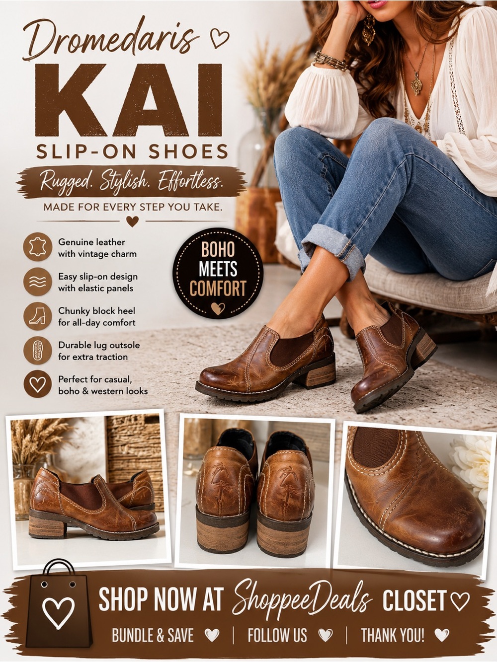 Dromedaris Kai Brown Leather Slip-On Block Heel Shoes – Women’s EU 37